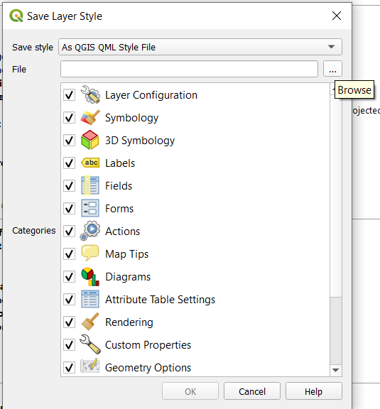 Figure 2.114. This shows the Save Layer Style page. Under the save file information is the option to browse.
