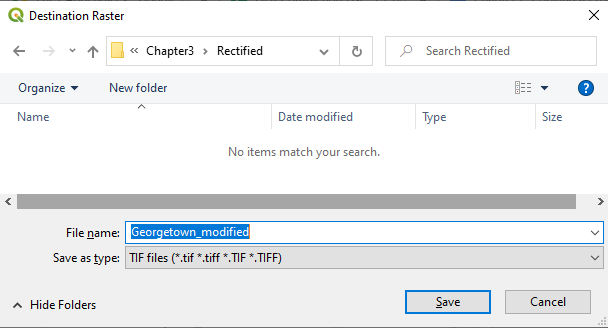 Figure 3.33. This shows the Rectified subfolder within the Chapter3 folder. The File name box contains “Georgetown_modified,” the Save as Type box says “TIF files,” and the save button has a highlighted blue border around it.