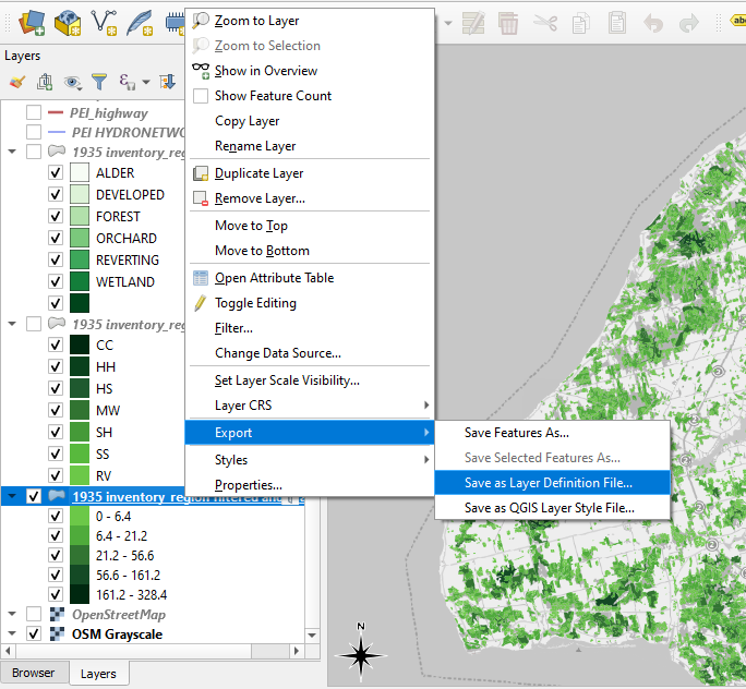 Figure 2.116. This shows the 1935 inventory region file selected, in the pop-up from the file export is highlighted and from that another pop-up, in which Save as a Layer Definition File is highlighted.