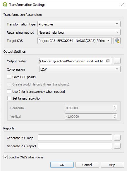 Figure 3.34. This shows the Transformation Settings window with the option “Load in QGIS when done” checked.