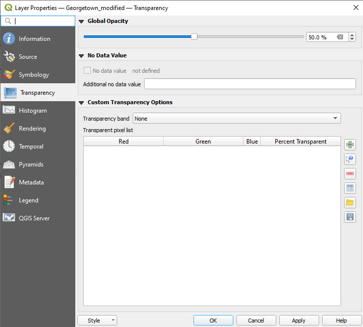 Figure 3.38. This is the 1880 Georgetown_modified Layer Properties dialogue with the Global Opacity slider value changed to 50%.