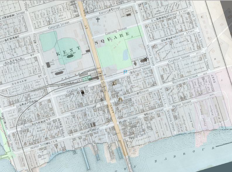 Figure 3.39. This shows the 1880 map of Georgetown and the OpenStreetMaps layer aligned and partly visible as semi-transparent overlays.