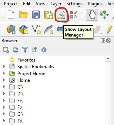 Figure 5.9. This image shows that right of the New Print Layout button is the Show Layout Manager, this icon has a paper with a wrench on it.