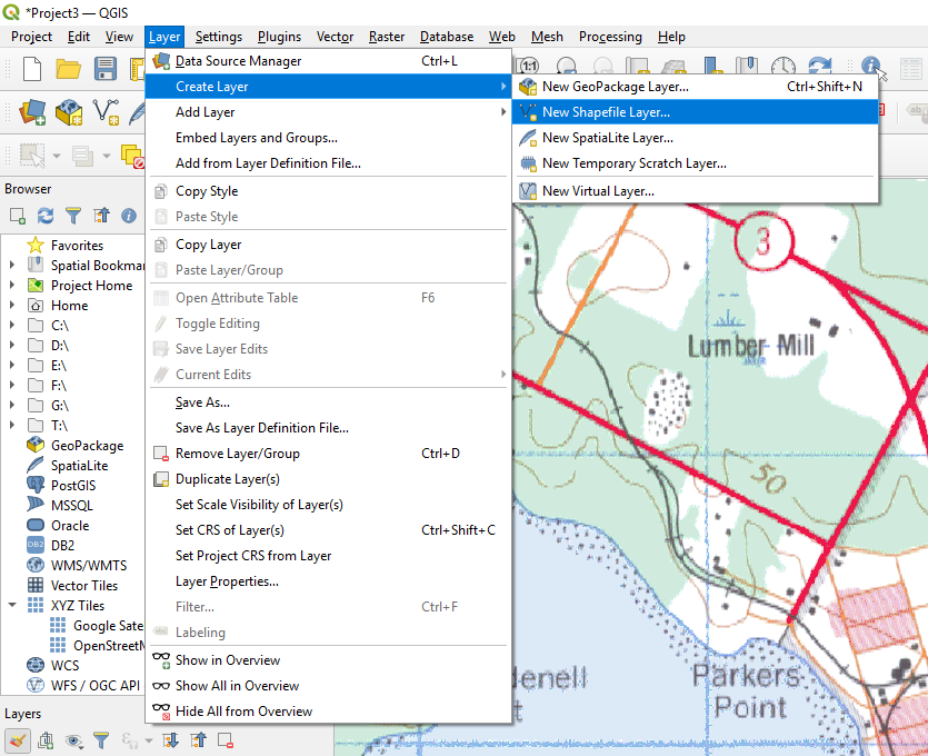 Figure 4.1. In the upper part of the screen toolbar selected is Layer, then Create Layer from the pop-up and from the second pop-up Shapefile Layer is selected.
