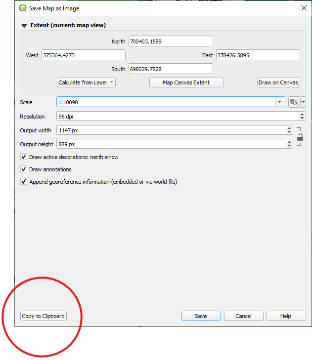 Figure 5.2. This is the Save Map as Image page, the choice Copy to Clipboard is highlighted with a red circle around it.