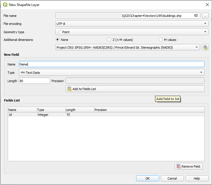 Figure 4.2. This is the New Shapefile Layer screen where The values are set to “File Encoding: UTF-8”, “Geometry Type: Point”, and “Additional Dimensions: None”. The file is set to “Project CRS: EPSG: 2954.” under the Additional Dimensions setting area. Also, add to fields List is selected, found under the New Field section of the page.