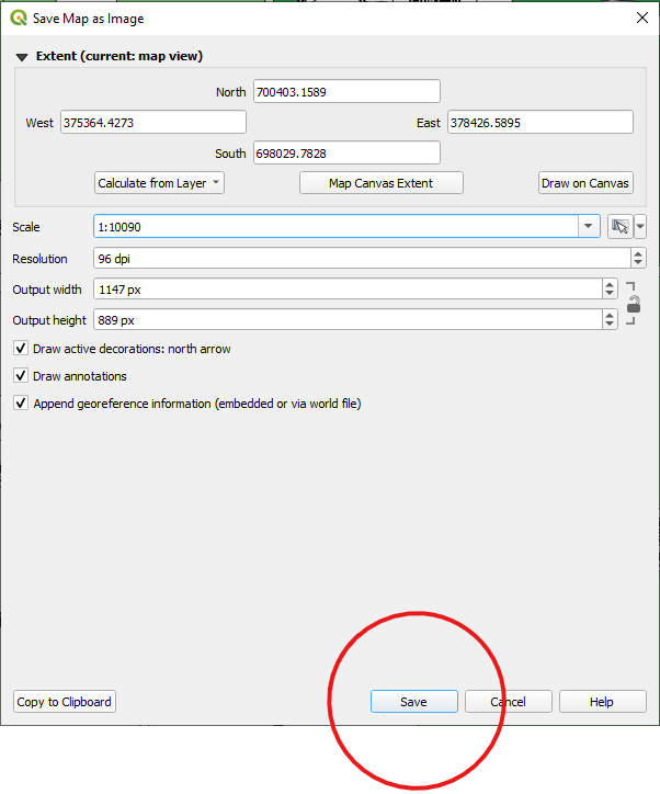 Figure 5.3. This is the Save Map as Image page, the choice Save is highlighted with a red circle around it