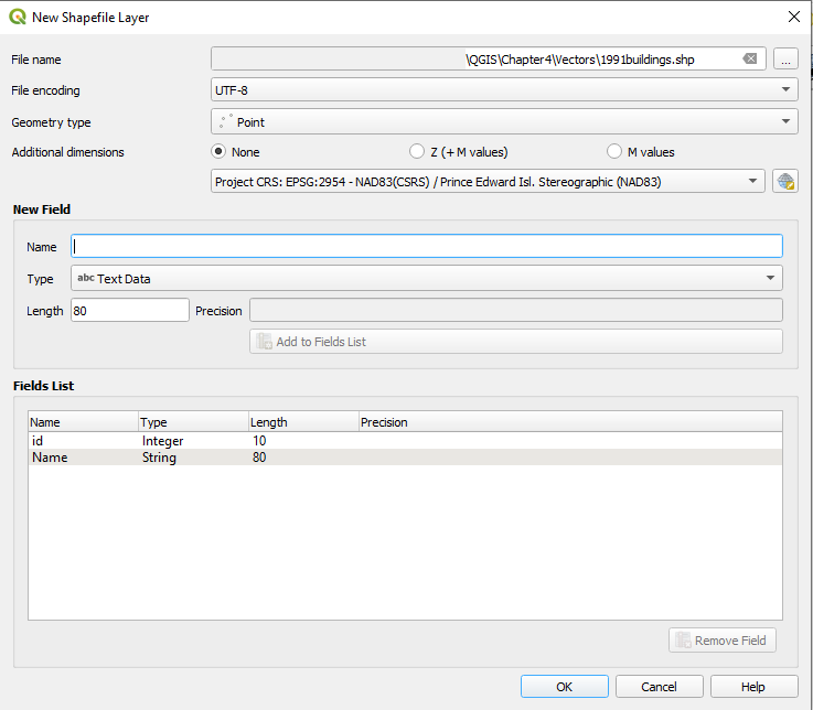 Figure 4.3. New Shapefile Layer screen with all the changes added and a name option being typed in.