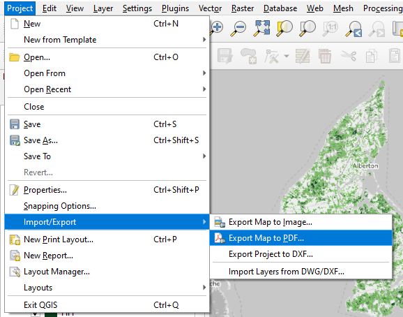 Figure 5.1. This shows the Project menu with Import/Export selected, the selected is Export Map to Image.