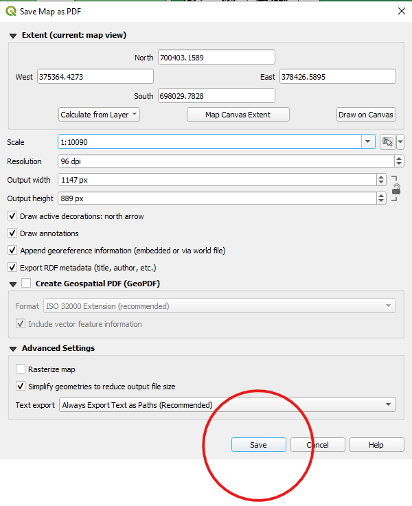 Figure 5.6. This is the Save Map as PDF page, Circled in the image is the save button.