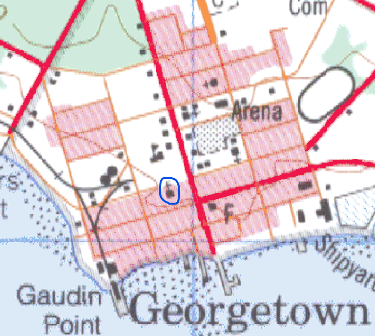 Figure 4.6. With the NTS map in QGIS’ Table of Contents circled is St. David’s Presbyterian Church.