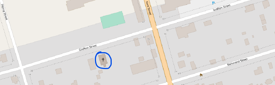 Figure 4.7. With the NTS map off in QGIS’ Table of Contents and the OpenStreetMaps basemap St. David’s Presbyterian Church is circled in the image.