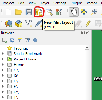 Figure 5.8. This shows the New Print Layout button located at the top-left of the main QGIS window, it looks like paper with a ruler on it and a star in the bottom right corner.