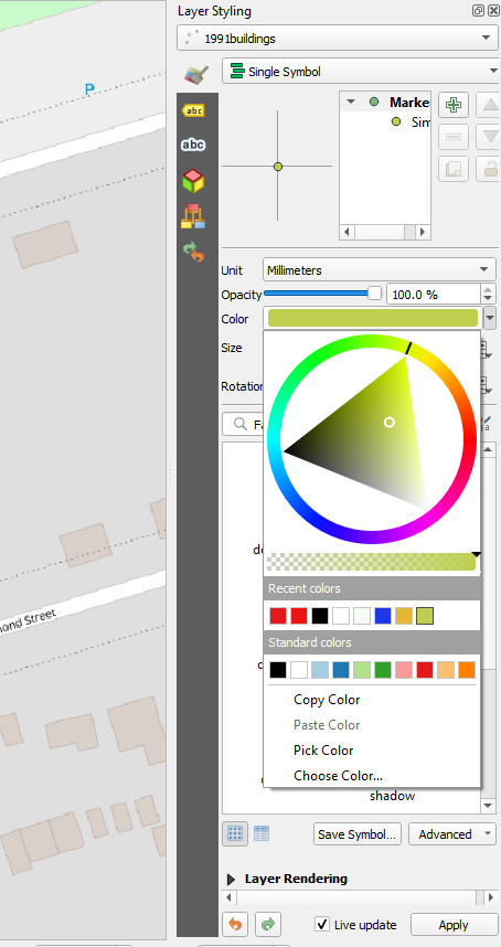 Figure 4.10. This shows the Layer styling Panel with the colour wheel options visible.