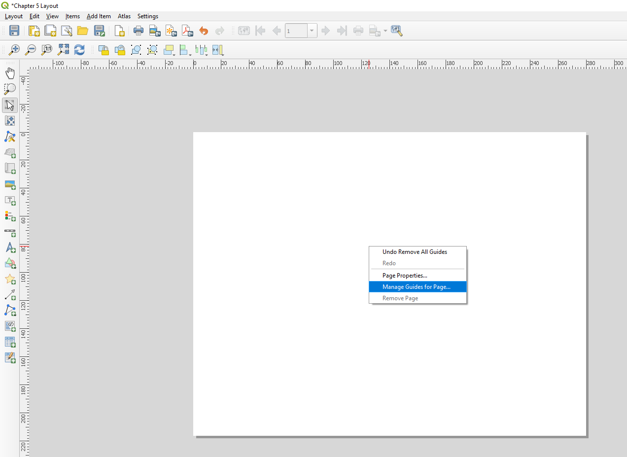 Figure 5.14. After right clicking on the blank page Manage Guides for Page is selected.