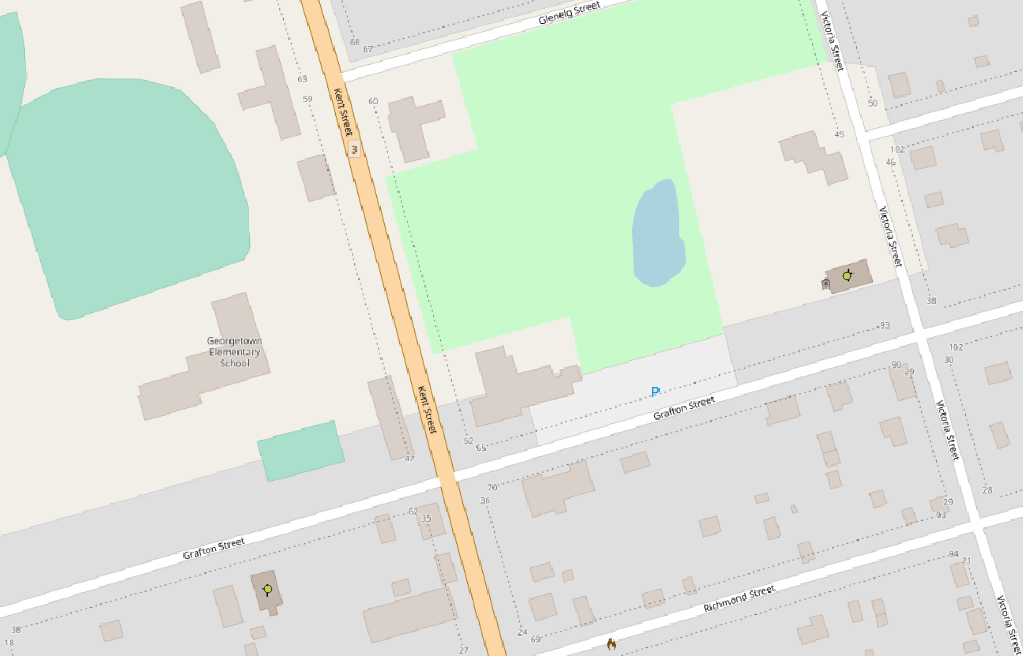 Figure 4.14. This is the OpenStreetMap with both the St. David’s Presbyterian Church and Holy Trinity Anglican Church marked with dots.