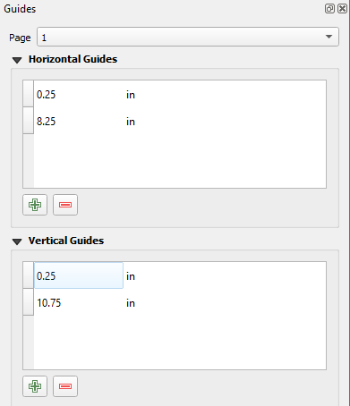 Figure 5.15. In the picture the green plus button was shown to add a horizontal guide at 0.25 inches, add another horizontal guide at 8.25 inches, and enter two vertical guides: one at 0.25 inches and one at 10.75 inches.