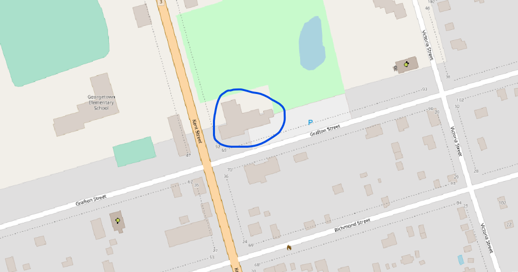 Figure 4.16. The OpenStreetMap with the King’s Playhouse marked with a blue circle around it.