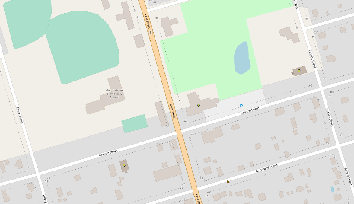 Figure 4.17. The OpenStreetMap with the King’s Playhouse marked with a dot and both churches also marked.