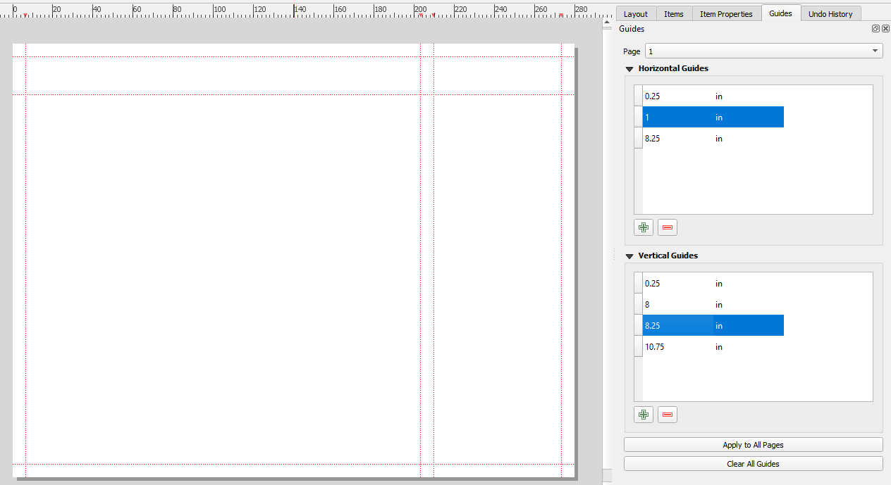 Figure 5.19. This shows the page with the added two vertical guides: one set at 8 inches and one set at 8.25 inches.