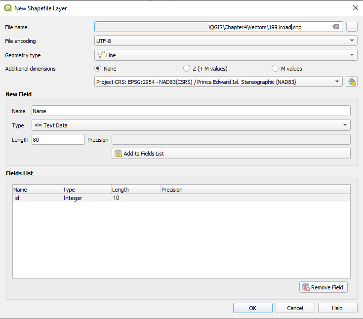 Figure 4.20. In the New Shapefile Layer with the values: File Encoding: UTF-8, Geometry Type: Line.