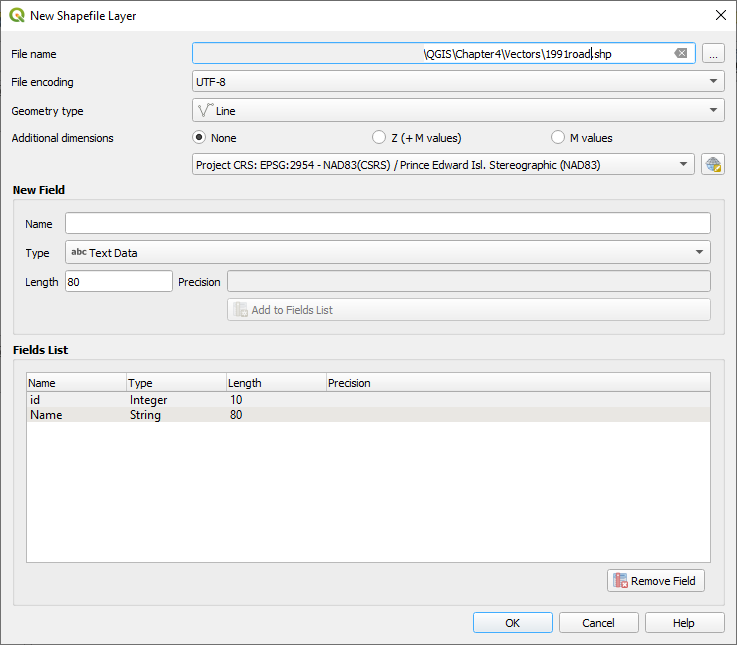 Figure 4.21. This shows the New Shapefile Layer with the values, Additional Dimensions: None. Under New Field the values are: Name: Name, and Type: Text Data. In the fields list it now shows two: id and Name.