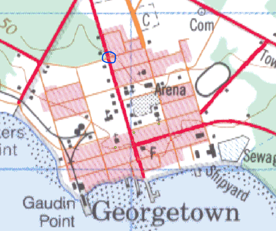 Figure 4.24. On the NTS map the intersection at Kent St. and North St. is circled with a blue marker.