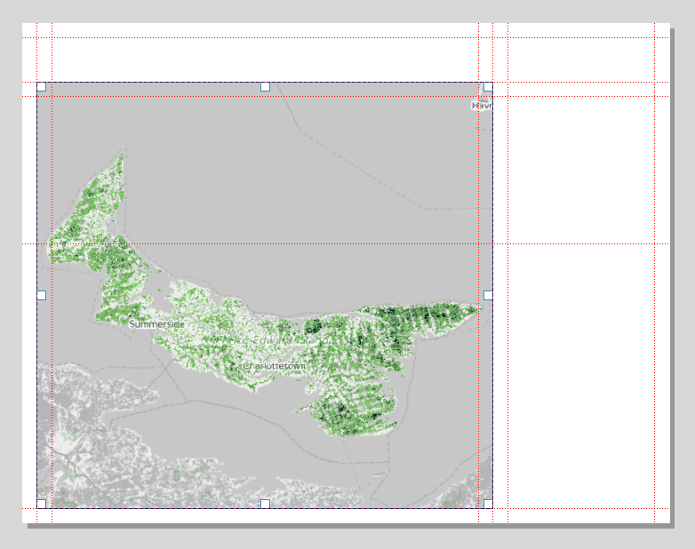 Figure 5.25. In the place of the space the guidelines, the dotted line intersected, is now the 1935 inventory region filtered and graduated layer and the OSM Grayscale layer.