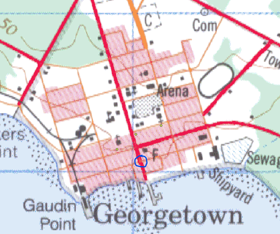 Figure 4.25. This shows where Kent St. and Water St. intersect on the NTS map with a blue circle around the intersection.