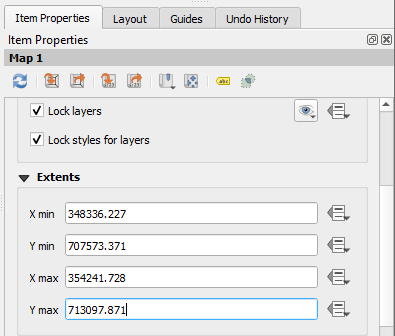 Figure 5.29. This shows, in Item Properties, under Extents the values: X min: 348336.227, Y min: 707573.371, X max: 354241.728, and Y max: 713097.871.