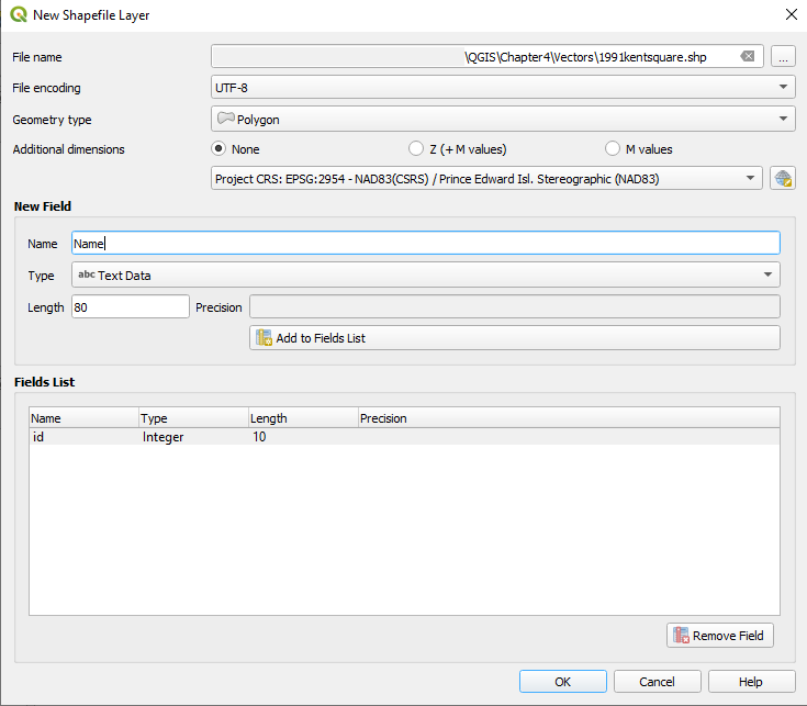 Figure 4.32. In the New Shapefile Layer with the values: File Encoding: UTF-8, Geometry Type: Polygon.