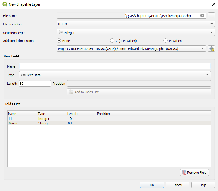 Figure 4.33. This shows the New Shapefile Layer with the values, Additional Dimensions: None. Under New Field the values are: Name: Name, and Type: Text Data. In the fields list it now shows two: id and Name.