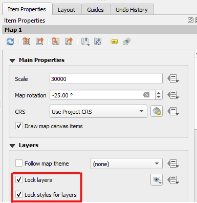 Figure 5.32. This shows the Map 1 in the main map frame and under the Layers section Lock Layers and Lock style for Layers are checked. This is shown in the image with a red box around the checked boxes.