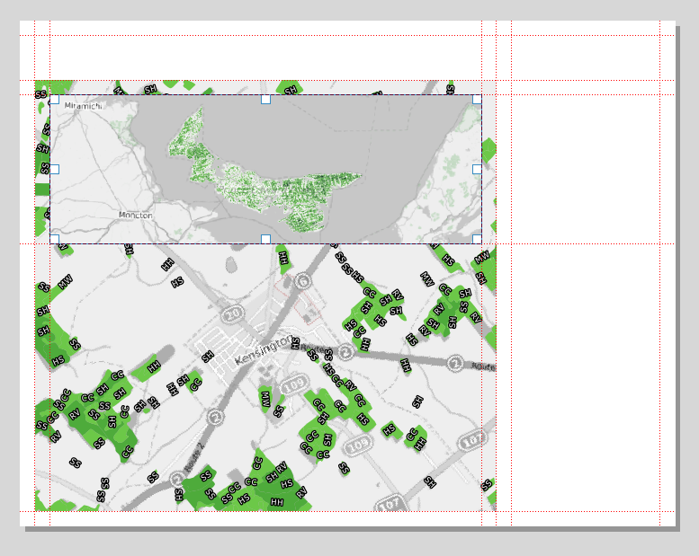 Figure 5.33. This image shows the Main Canvas, PEI placenames layer turned off so that the only layers visible are the 1935 inventory region filtered and graduated layer and the OSM Grayscale layer. It also shows the map inserted into the 2.5-inch by 7.25-inch area that we created with our guides.