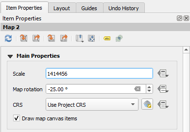 Figure 5.34. In the image it has the Item Properties pane, under Main Properties, the Scale set to 1414456 and the Map rotation to -25.00 degrees.