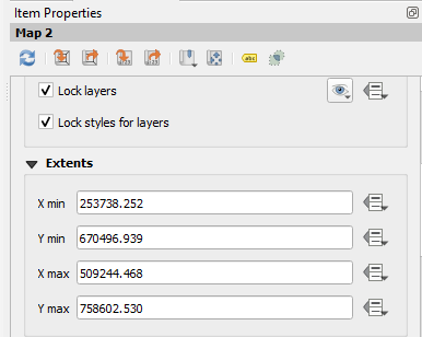 Figure 5.35. This shows, in Item Properties, under Extents the values: X min: 253738.252, Y min: 670496.939, X max: 509244.468, and Y max: 758602.530.