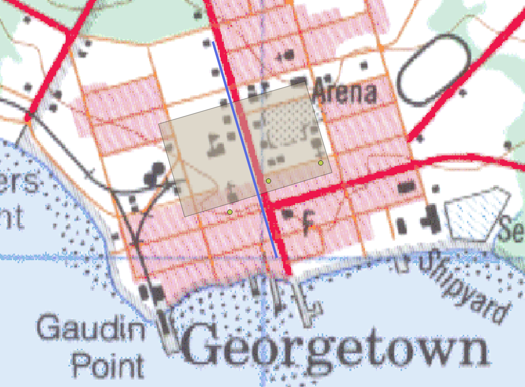 Figure 4.39. The new Kent Square is visible on the NTS map, with the blue line showing the location of Kent St. still visible.