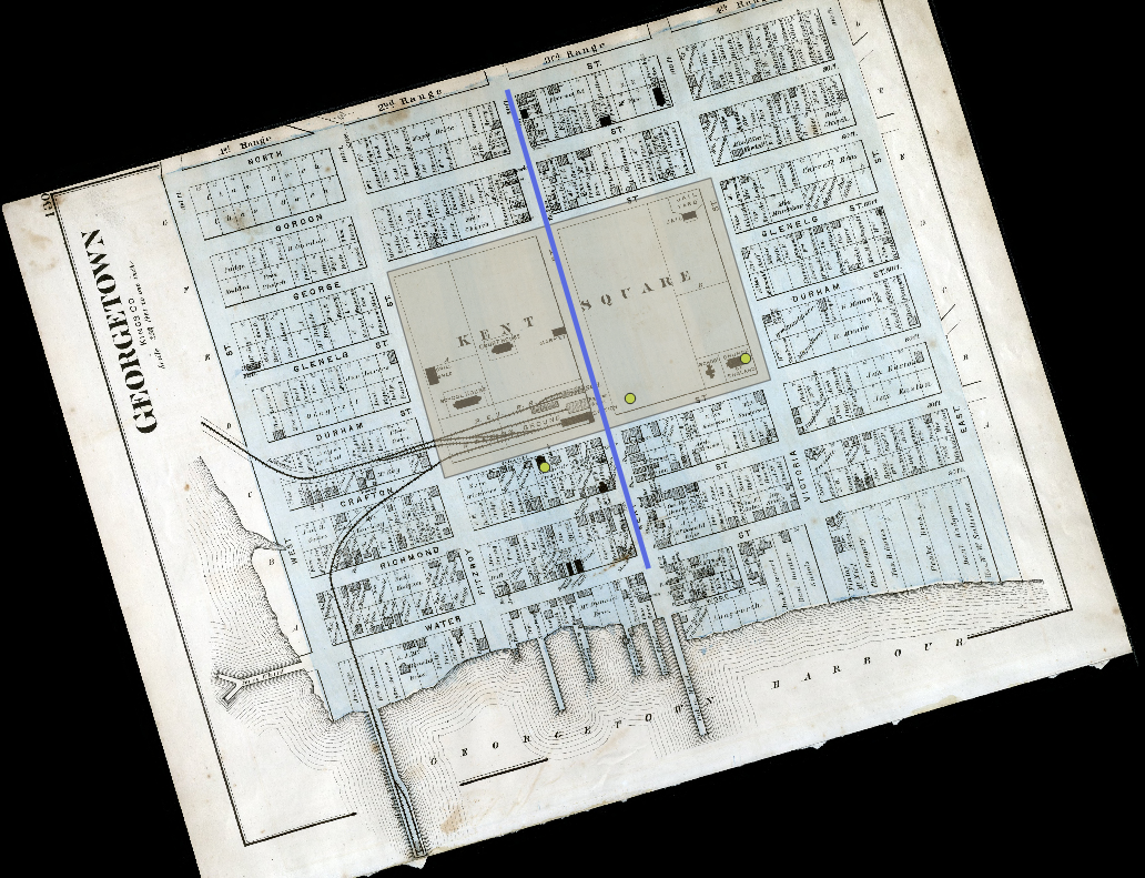 Figure 4.41. With the NTS layer turned off and the Georgetown_modified layer turned on, the Kent Square Polygon and Kent St. line are visible.