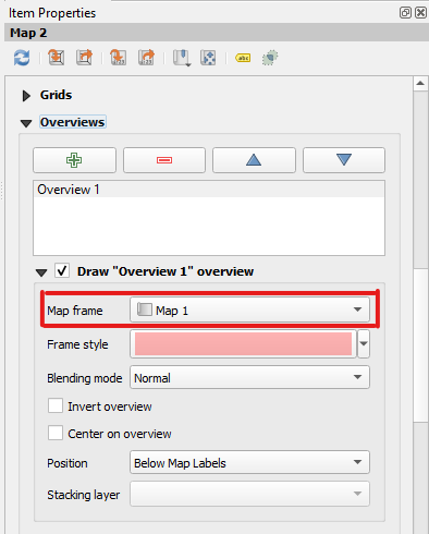 Figure 5.39. Under Item Properties in the Overviews section, the Draw checkbox is selected and the Map Frame value is set to Map 1 as seen with the red box around it in the picture.