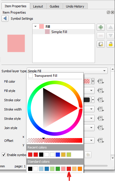 Figure 5.40. This shows under Frame style, Configure Symbol, Simple Fill, dropdown arrow next to Fill colour and Under Standard Colours, red is selected.