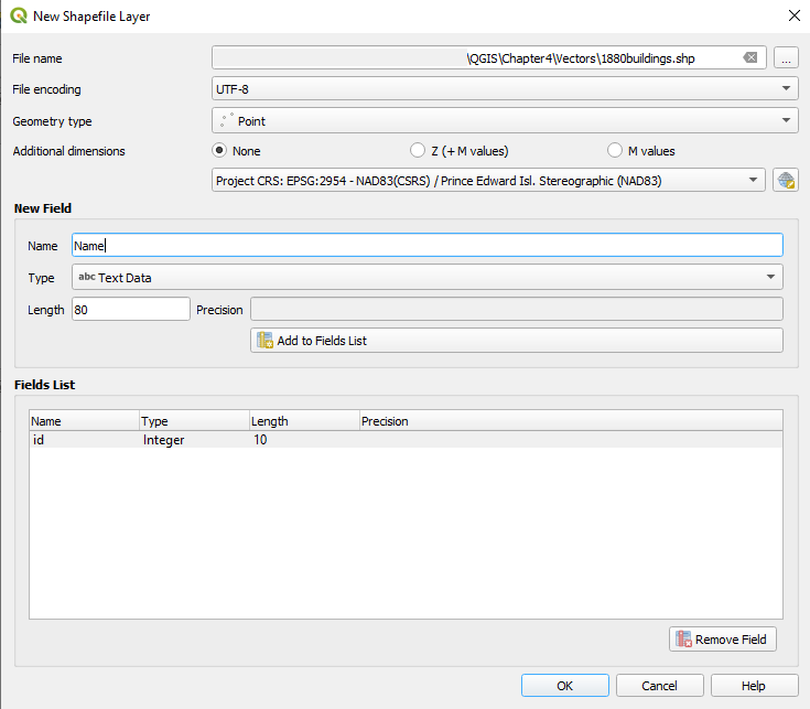 Figure 4.43 In the New Shapefile Layer with the values: File Encoding: UTF-8, Geometry Type: Point.