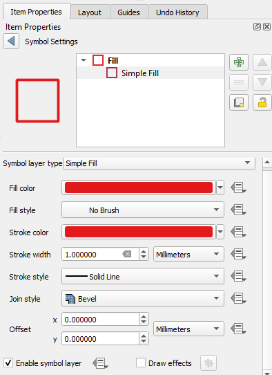 Figure 5.41. This shows in the dropdown arrow next to Fill Style the selection No Brush, in the dropdown arrow next to Stroke colour the selection red.Under Change the Stroke Width it is set to 1.00 millimetre, and the Stroke style set to Solid Line.