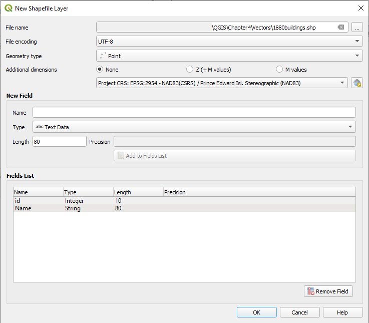 Figure 4.44. This shows the New Shapefile Layer with the values, Additional Dimensions: None. Under New Field the values are: Name: Name, and Type: Text Data. In the fields list it now shows two: id and Name.