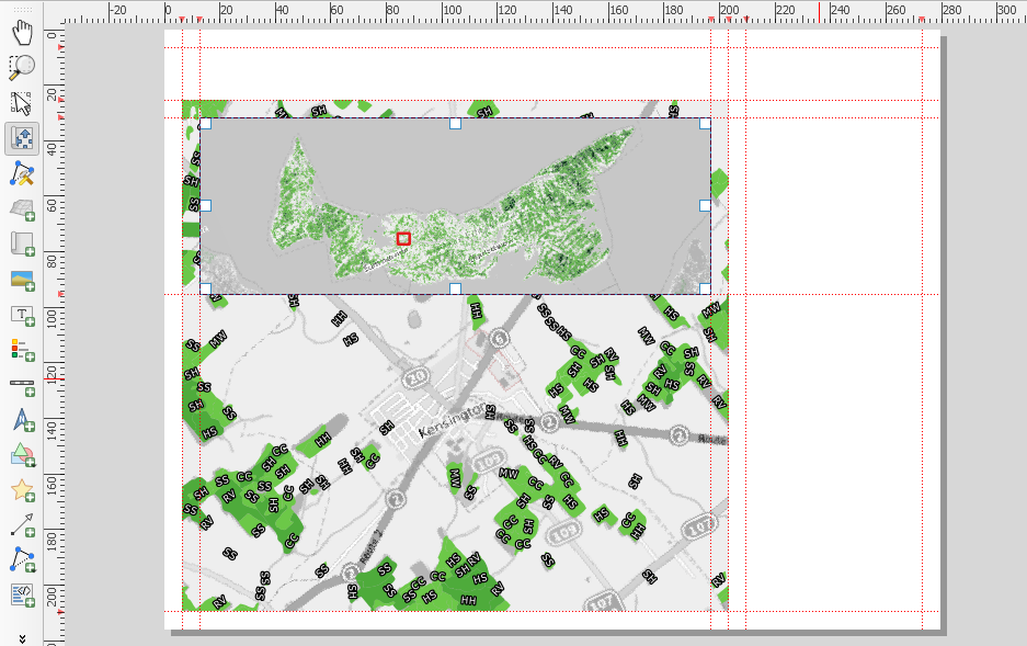 Figure 5.42. This shows the two versions of the map and in the map inserted into the 2.5-inch by 7.25-inch area that we created with our guides a red box is around the chosen area.