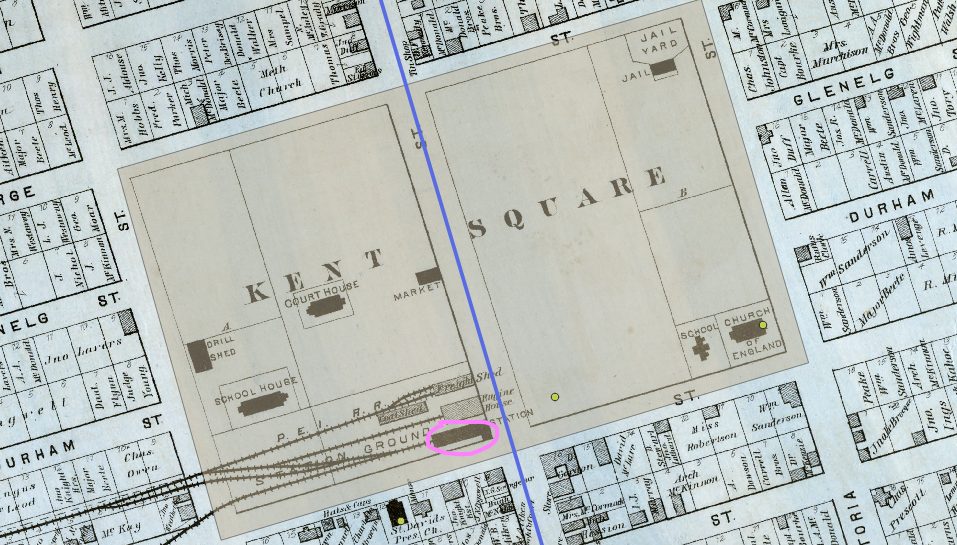 Figure 4.47. Identified is the railway station in the 1880 map of Georgetown, in the picture it is highlighted with a pink circle around it.