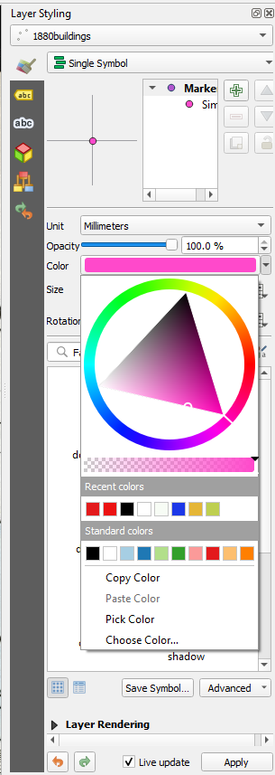 Figure 4.48. In the photo it can be seen that in the Layer Styling panel to the right of the screen, under Color, the dropdown arrow allows for the selection of a shade of pink.