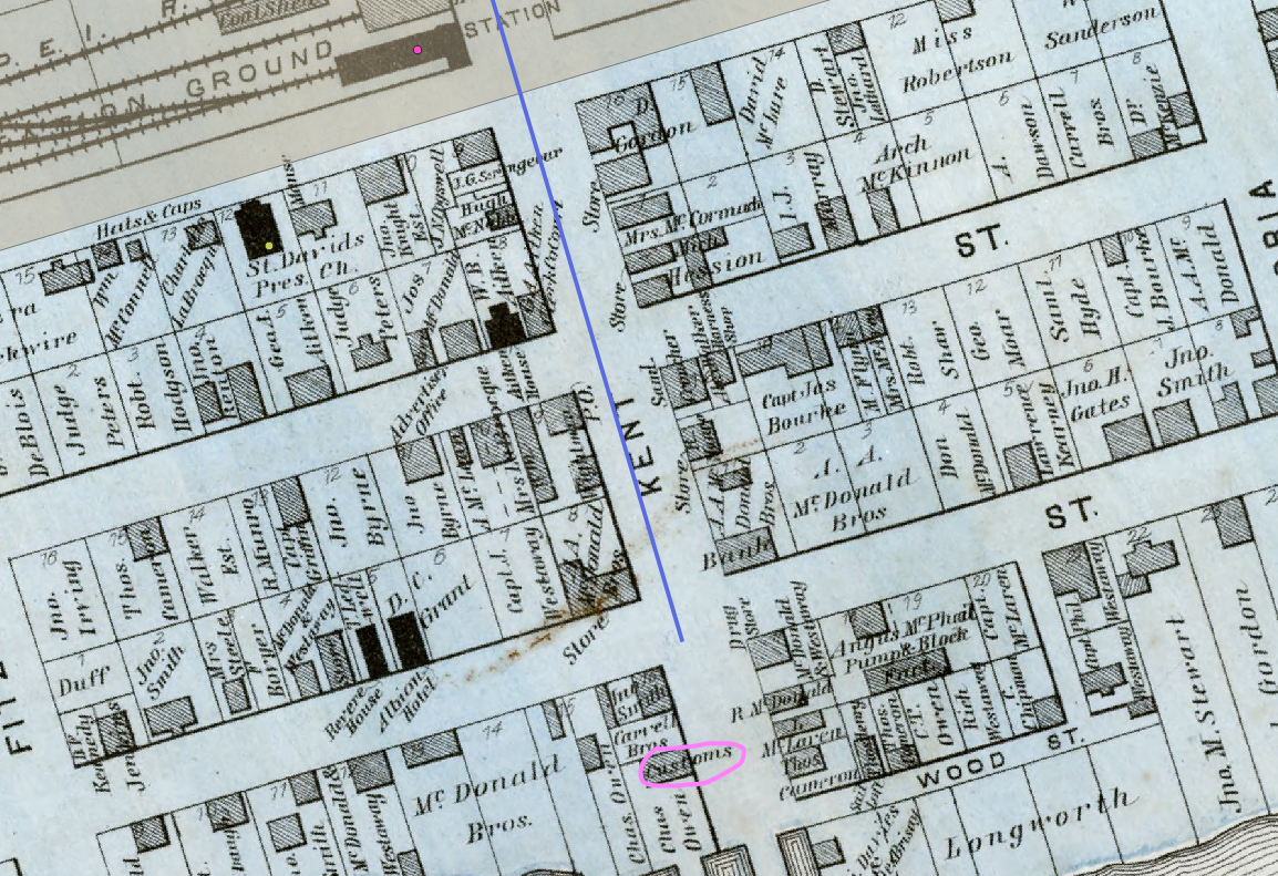 Figure 4.49. In the picture the Georgetown’s customs house on the map is circled in pink, the railway had a pink dot on it and the previous church marker dot is also visible near the top of the image.