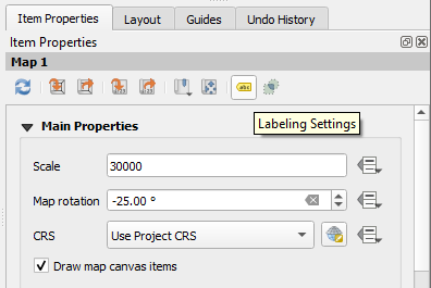 Figure 5.28. In the Item Properties menu to the right, under Main Properties, the scale is shown to be 30000 and map rotation to -25.00 degrees.