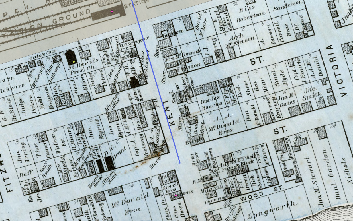 Figure 4.50. In the picture the Georgetown’s customs house on the map now is identified with a pink dot, the railway had a pink dot on it and the previous church marker dot is also visible near the top of the image.