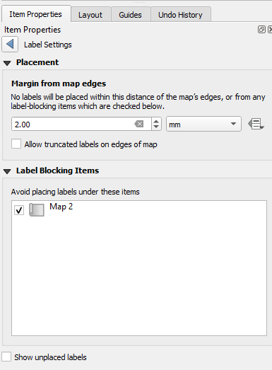 Figure 5.47. This shows under the Item Properties under Placement, the Margin from Map Edges value changed to 2.00 millimetres, and under Label Blocking Items, select Map 2.